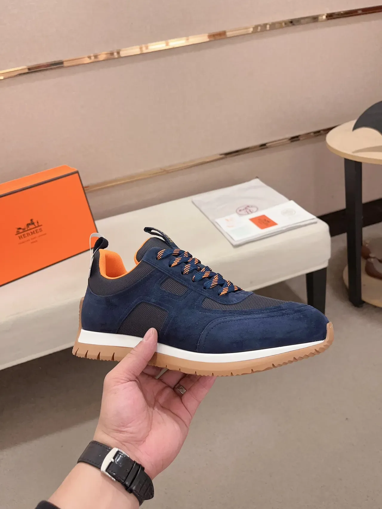 Hermès Navy and Orange Suede Mesh Lifestyle Sneaker 5