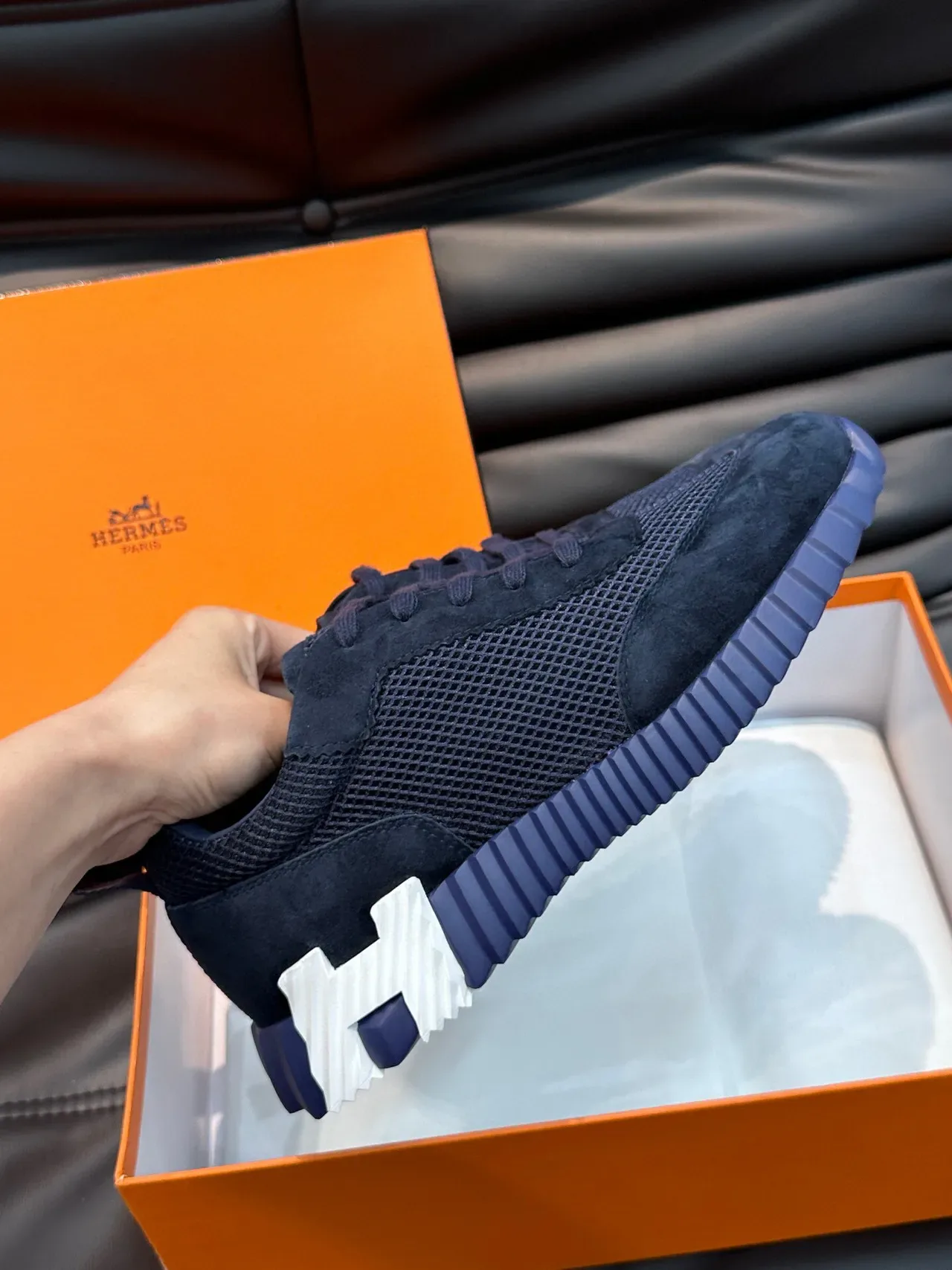 Hermès Navy Suede and Mesh Low-Top Lifestyle Sneakers 6