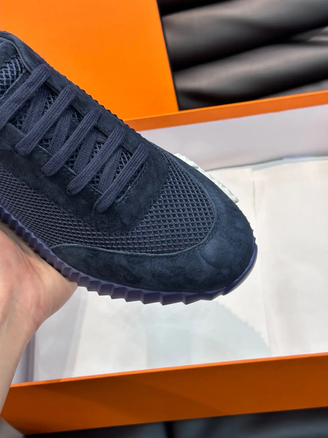 Hermès Navy Suede and Mesh Low-Top Lifestyle Sneakers 8
