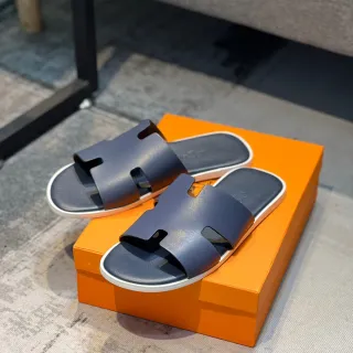 Hermès Navy White Tirante em forma de H, upper mate Slippers