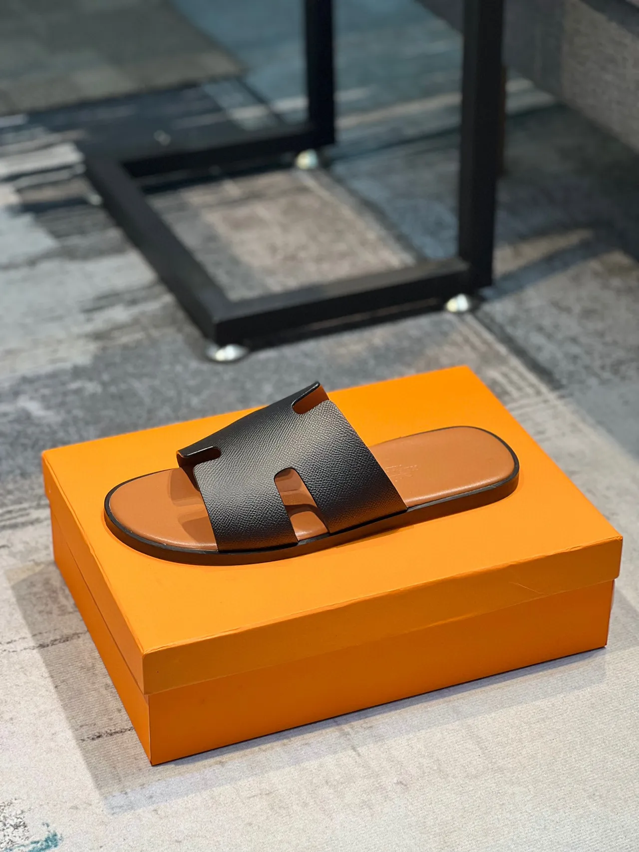 Hermès Navy White H-Shaped Strap Matte Upper Slippers 4