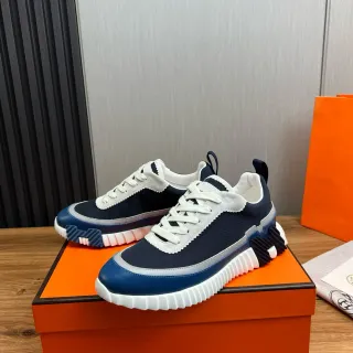 Hermès Navy White Sculpted Ridged Midsole Layered Textile And Leather Upper Lifestyle Sneakers