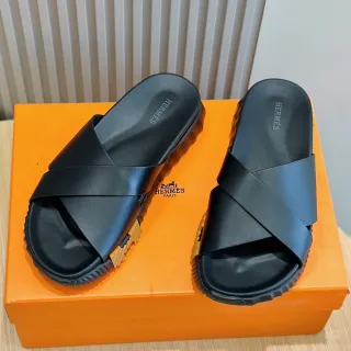 Hermès Oran Black Crisscross Strap Slippers