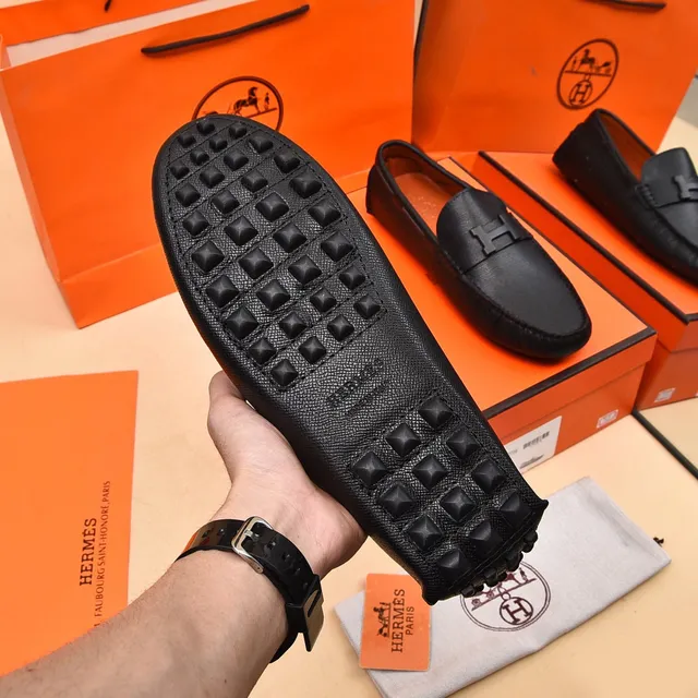 Hermès Oran Black Leather H-Buckle Loafers 4