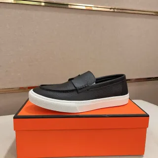 Hermès Oran Preto Branco Couro Pebbled Sola Plataforma Loafer