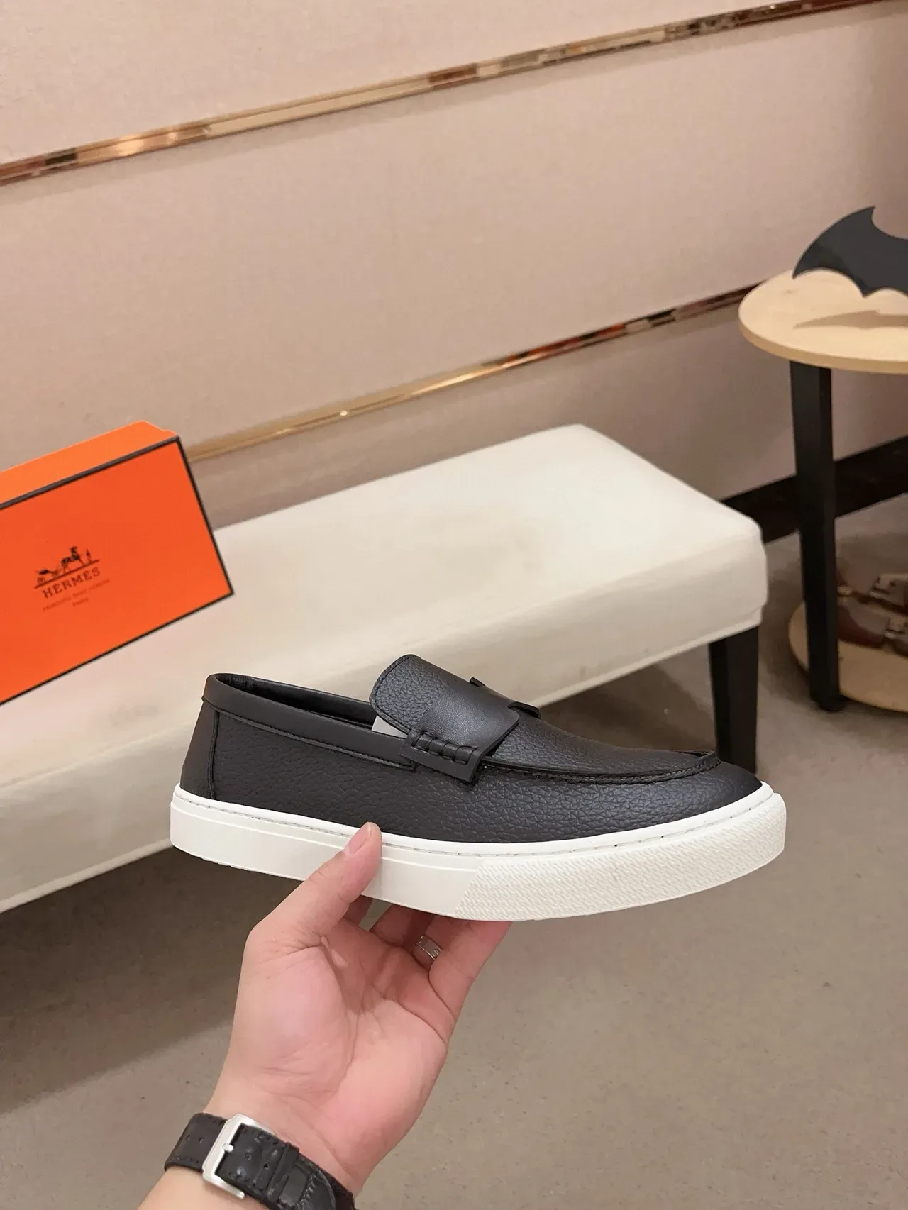 Hermès Oran Black White Pebbled Leather Platform Sole Loafer 5