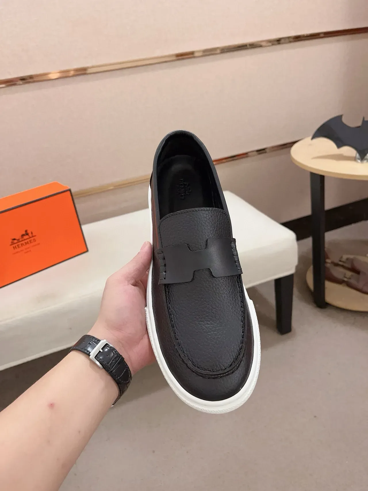 Hermès Oran Black White Pebbled Leather Platform Sole Loafer 6