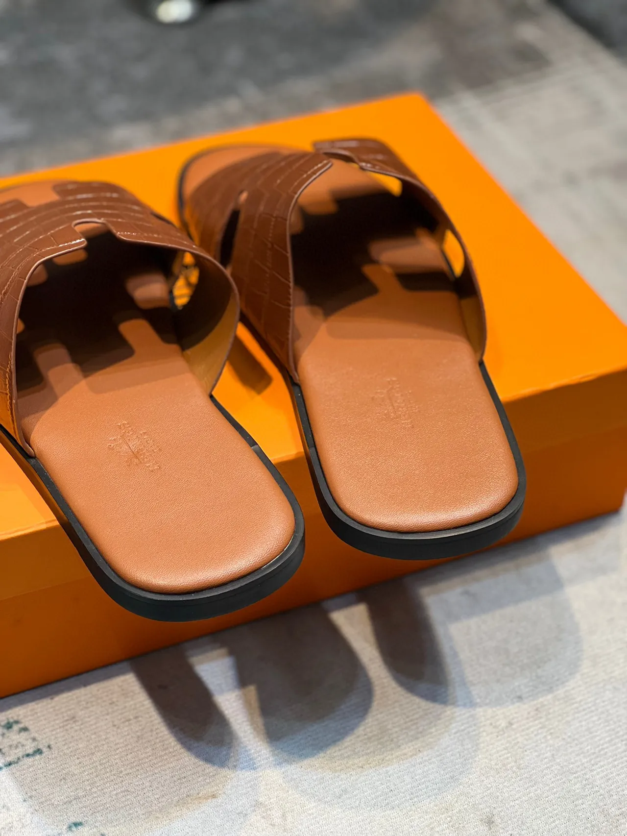 Hermès Oran Cognac Croc-Embossed Leather Slippers 3