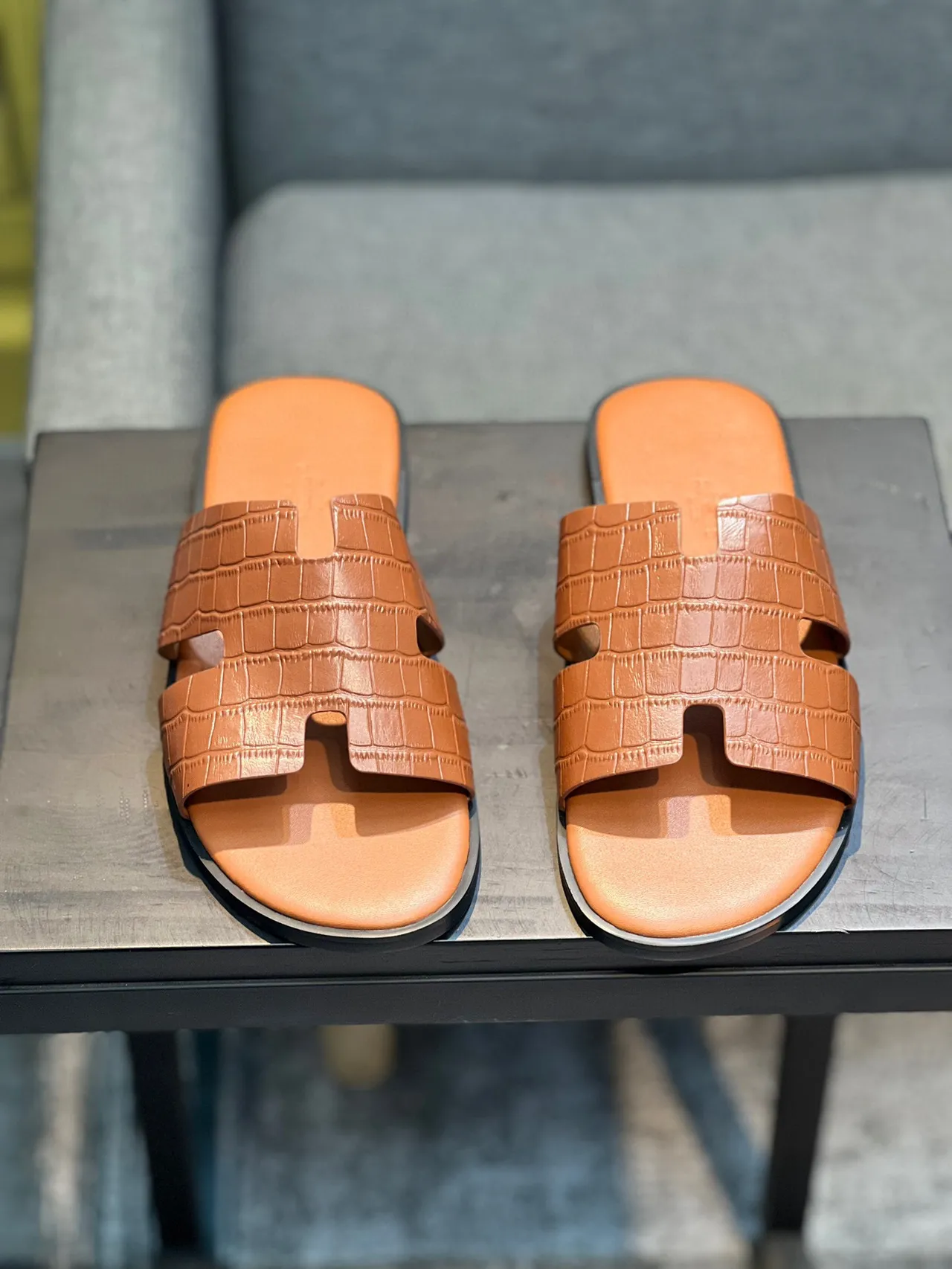 Hermès Oran Cognac Croc-Embossed Leather Slippers 6
