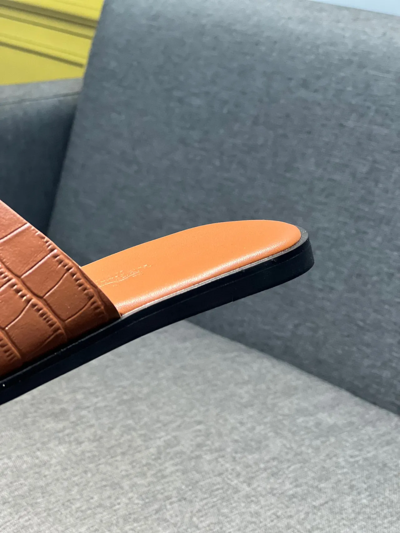 Hermès Oran Cognac Croc-Embossed Leather Slippers 7
