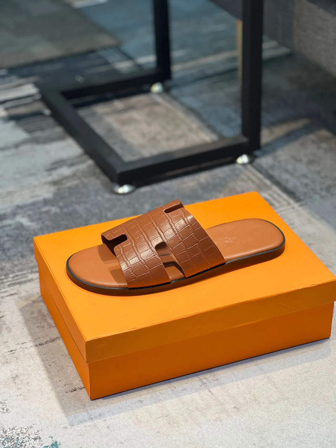 Hermès Oran Cognac Croc-Embossed Leather Slippers 9