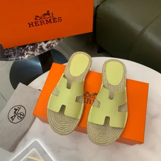 Hermès Oran Lime Green H-Strap Woven Jute Slippers