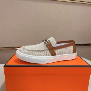 Hermès Oran Loafer Beige y Tan Tela Tejida Loafers
