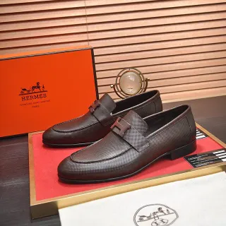 Hermès Oran Loafer Brown Textured Leather H-Buckle Loafers