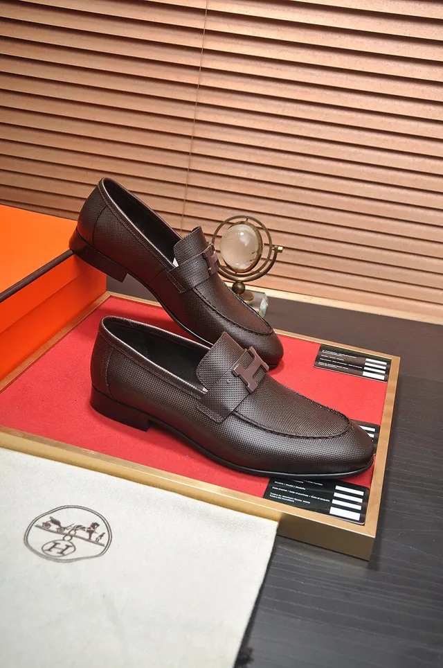 Hermès Oran mocassin cuir texturé marron H-Buckle mocassins 6