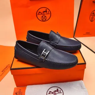 Hermès Oran Loafer Navy Blue Pebbled Leather H-Buckle Loafers