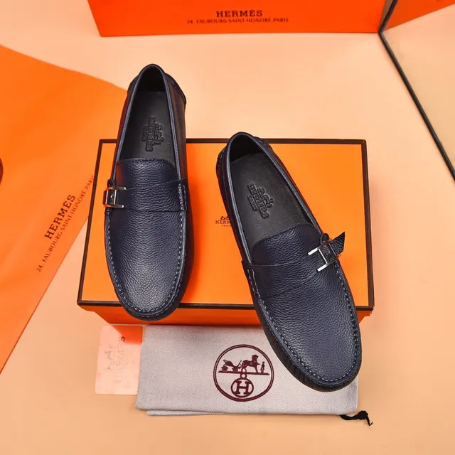 Hermès Oran Loafer Bleu Marine Cuir Grené H-Buckle Mocassins 2