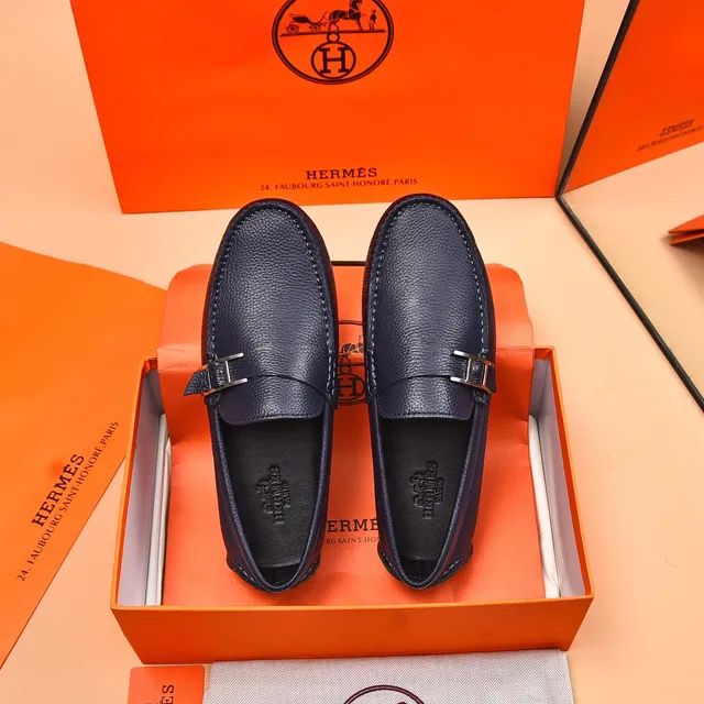 Hermès Oran Loafer Bleu Marine Cuir Grené H-Buckle Mocassins 3