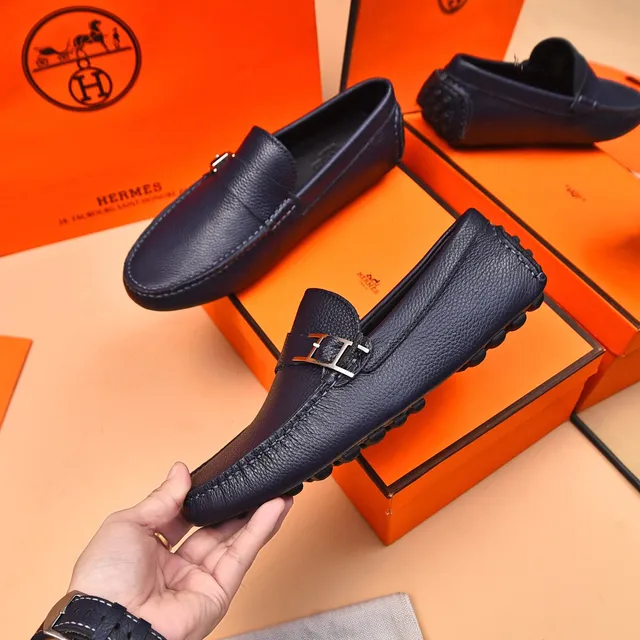 Hermès Oran Loafer Bleu Marine Cuir Grené H-Buckle Mocassins 4