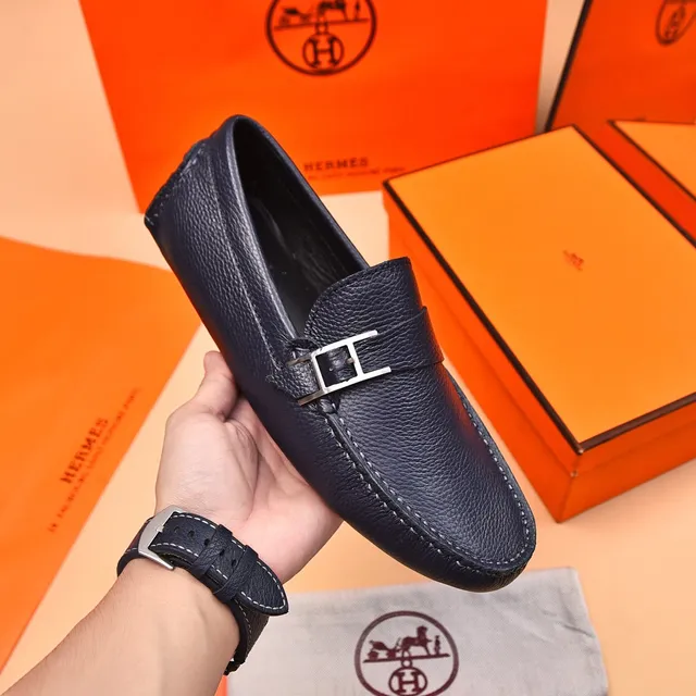 Hermès Oran Loafer Bleu Marine Cuir Grené H-Buckle Mocassins 5