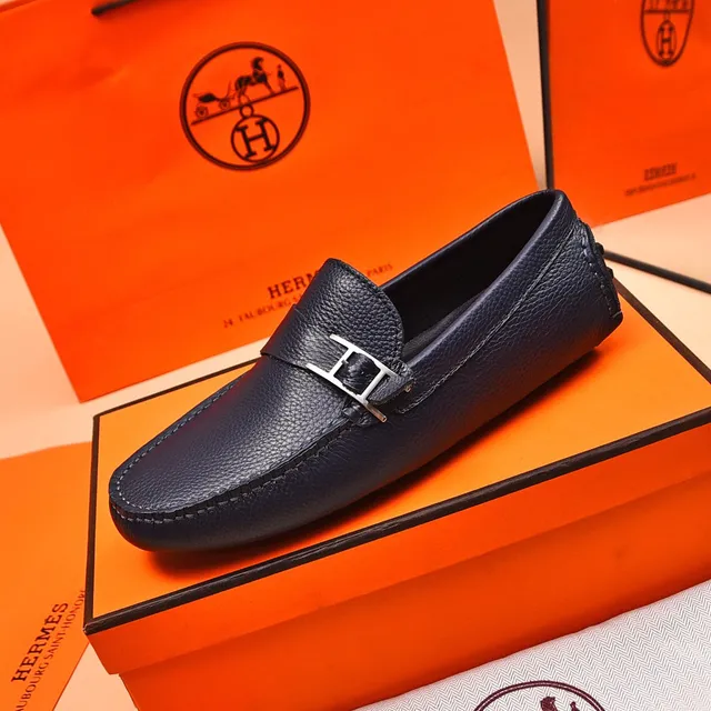 Hermès Oran Loafer Bleu Marine Cuir Grené H-Buckle Mocassins 6