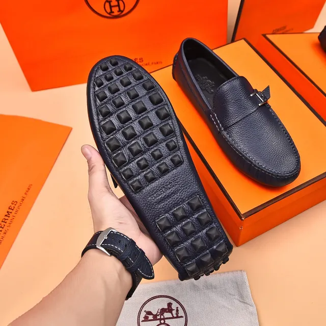 Hermès Oran Loafer Bleu Marine Cuir Grené H-Buckle Mocassins 7