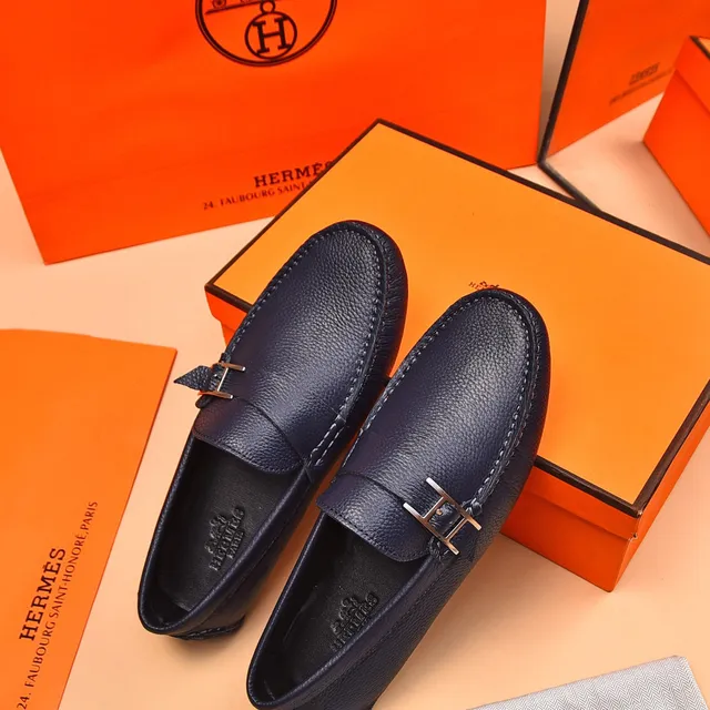 Hermès Oran Loafer Bleu Marine Cuir Grené H-Buckle Mocassins 8