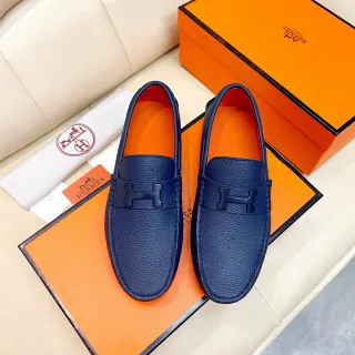 Hermès Oran Navy Blue Pebbled Leather H-Buckle Loafers