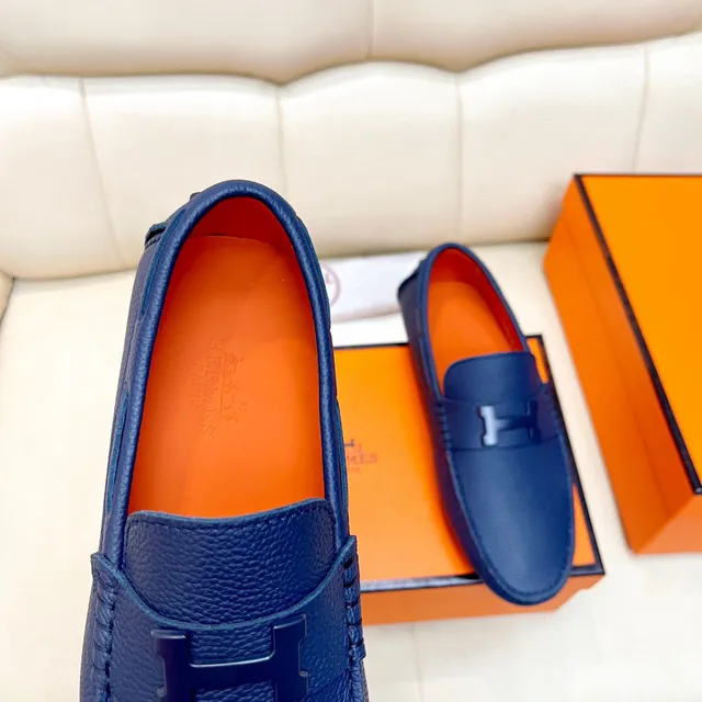 Hermès Oran Loafers de couro pebbled azul marinho com fivela H 2