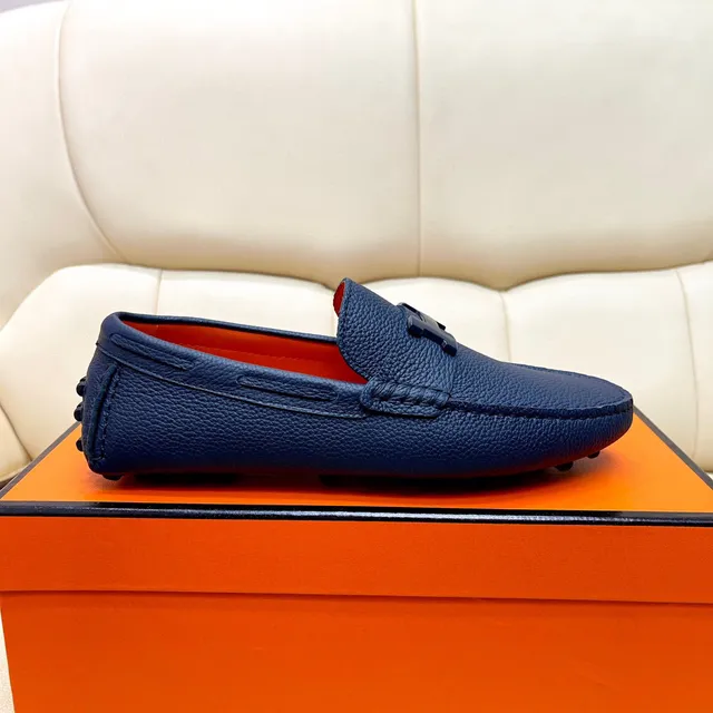 Hermès Oran Loafers de couro pebbled azul marinho com fivela H 3