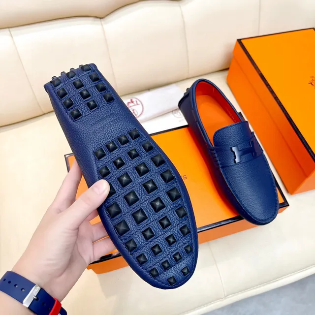 Hermès Oran Loafers de couro pebbled azul marinho com fivela H 4