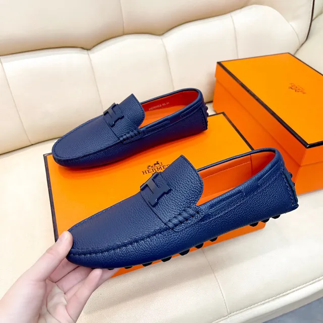 Hermès Oran Loafers de couro pebbled azul marinho com fivela H 9