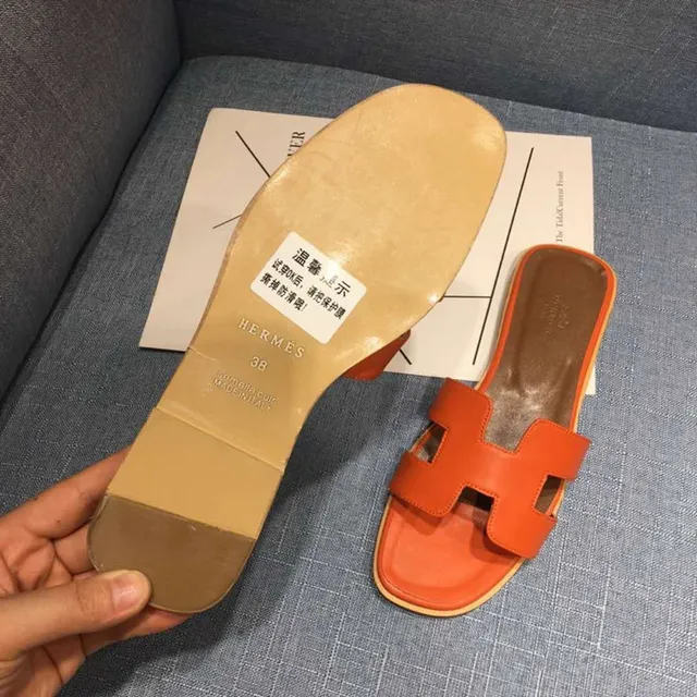 Hermès Oran Orange Leather Slippers 2