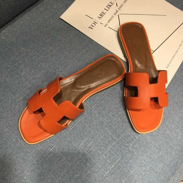Hermès Oran Orange Leather Slippers 4