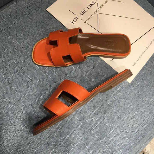 Hermès Oran Orange Leather Slippers 5