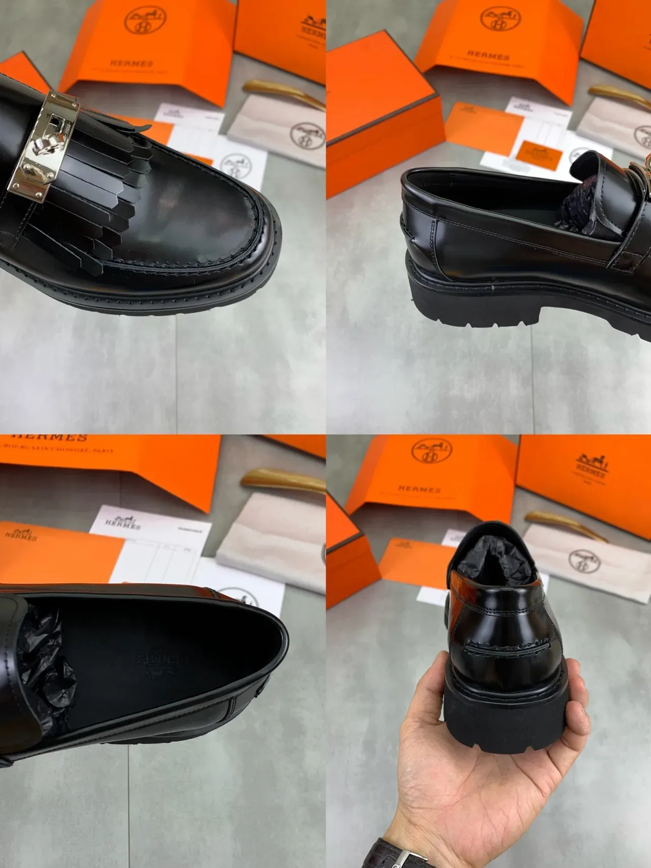 Hermès Oran Platform Loafer جلد أصلي أسود لامع مع حزام فرنجي 2