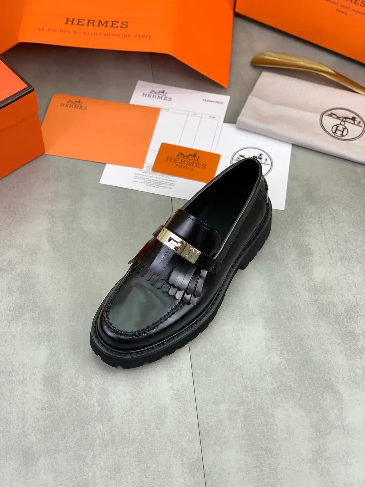 Hermès Oran Platform Loafer جلد أصلي أسود لامع مع حزام فرنجي 4