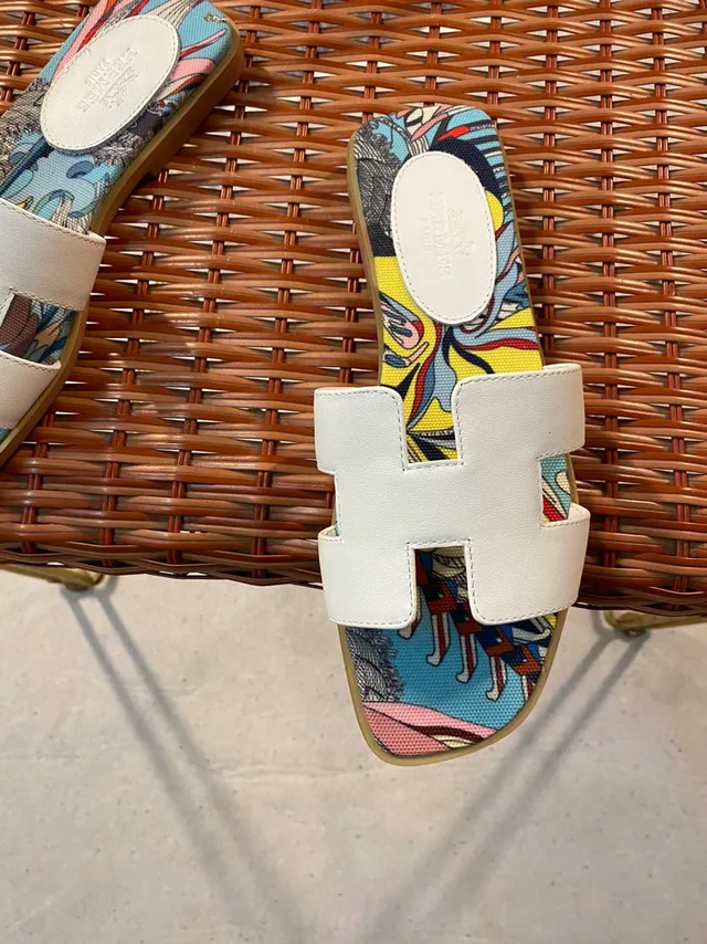 Hermès Oran Slide White Multicolor Printed Canvas Slippers 2