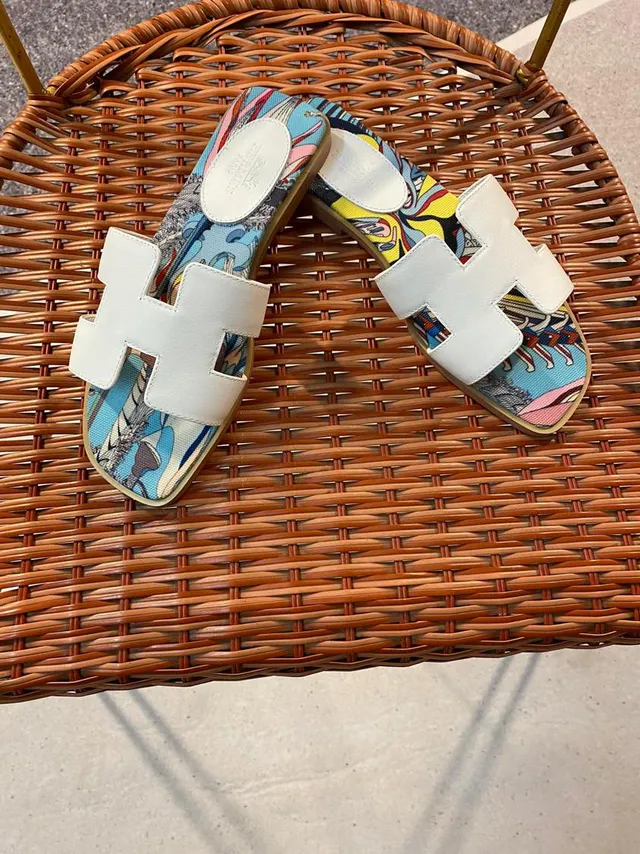 Hermès Oran Slide White Multicolor Printed Canvas Slippers 6