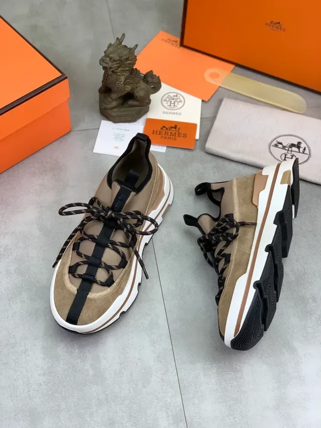 Hermès Oran basket beige noir daim dessus hybride lacets brides fermeture style de vie sneakers 5