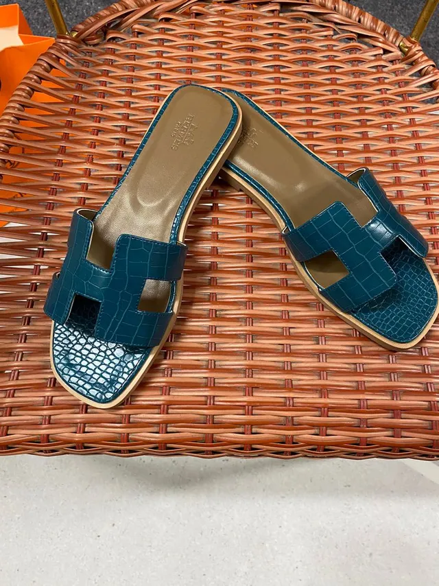 Hermès Oran Teal Croc-Embossed Leather Slippers 2