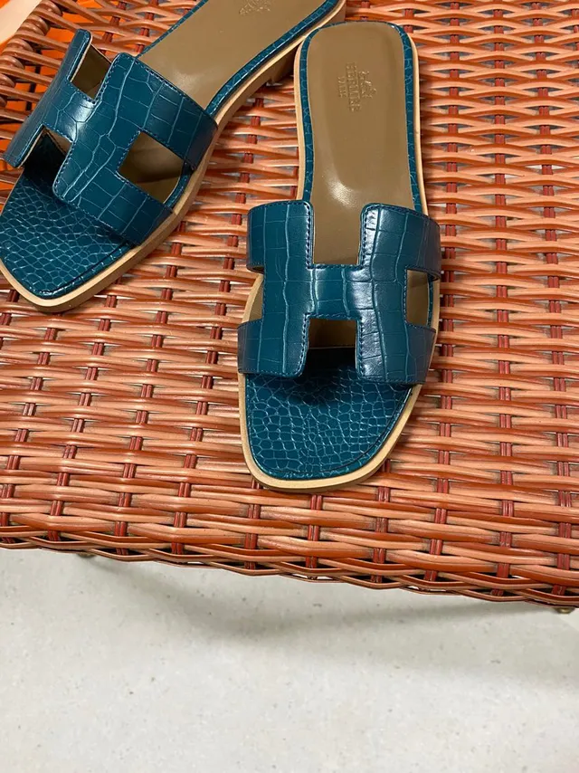 Hermès Oran Teal Croc-Embossed Leather Slippers 4