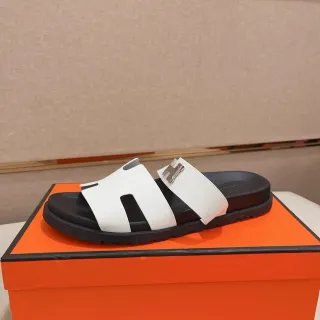 Hermès Oran White and Black H-Buckle Slippers