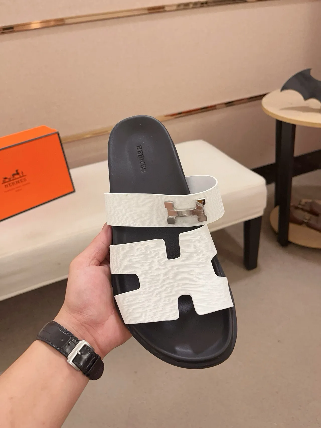 Hermès Oran White and Black H-Buckle Slippers 2