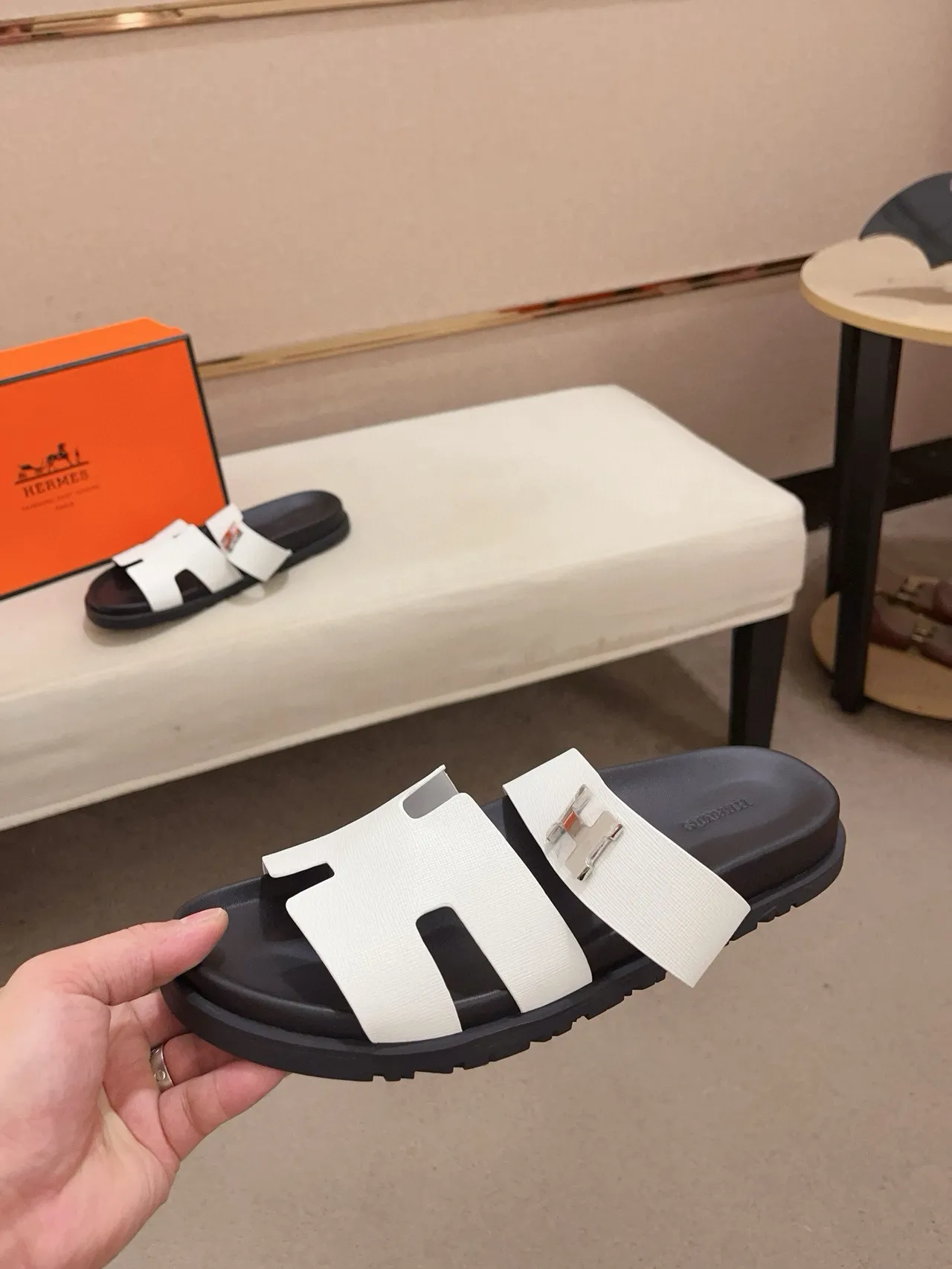 Hermès Oran White and Black H-Buckle Slippers 3