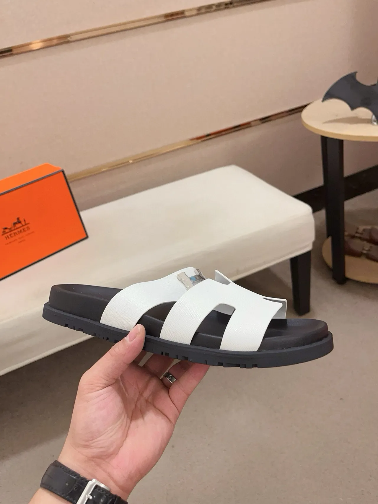 Hermès Oran White and Black H-Buckle Slippers 4