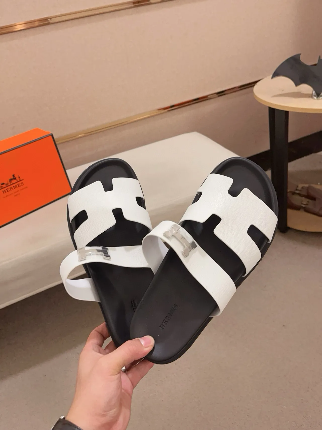 Hermès Oran White and Black H-Buckle Slippers 5