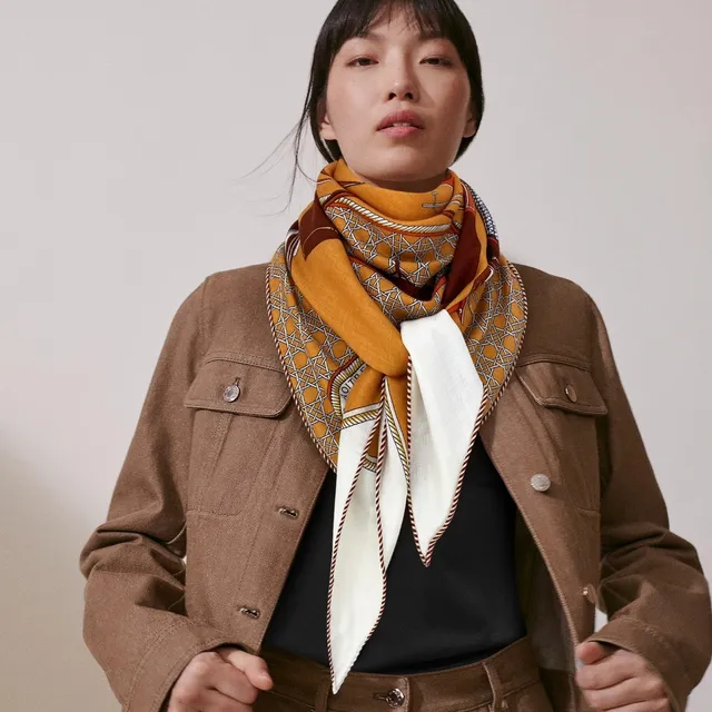 Hermès Orange Marron Imprimé Géométrique Réseau Écharpe de Soie 2