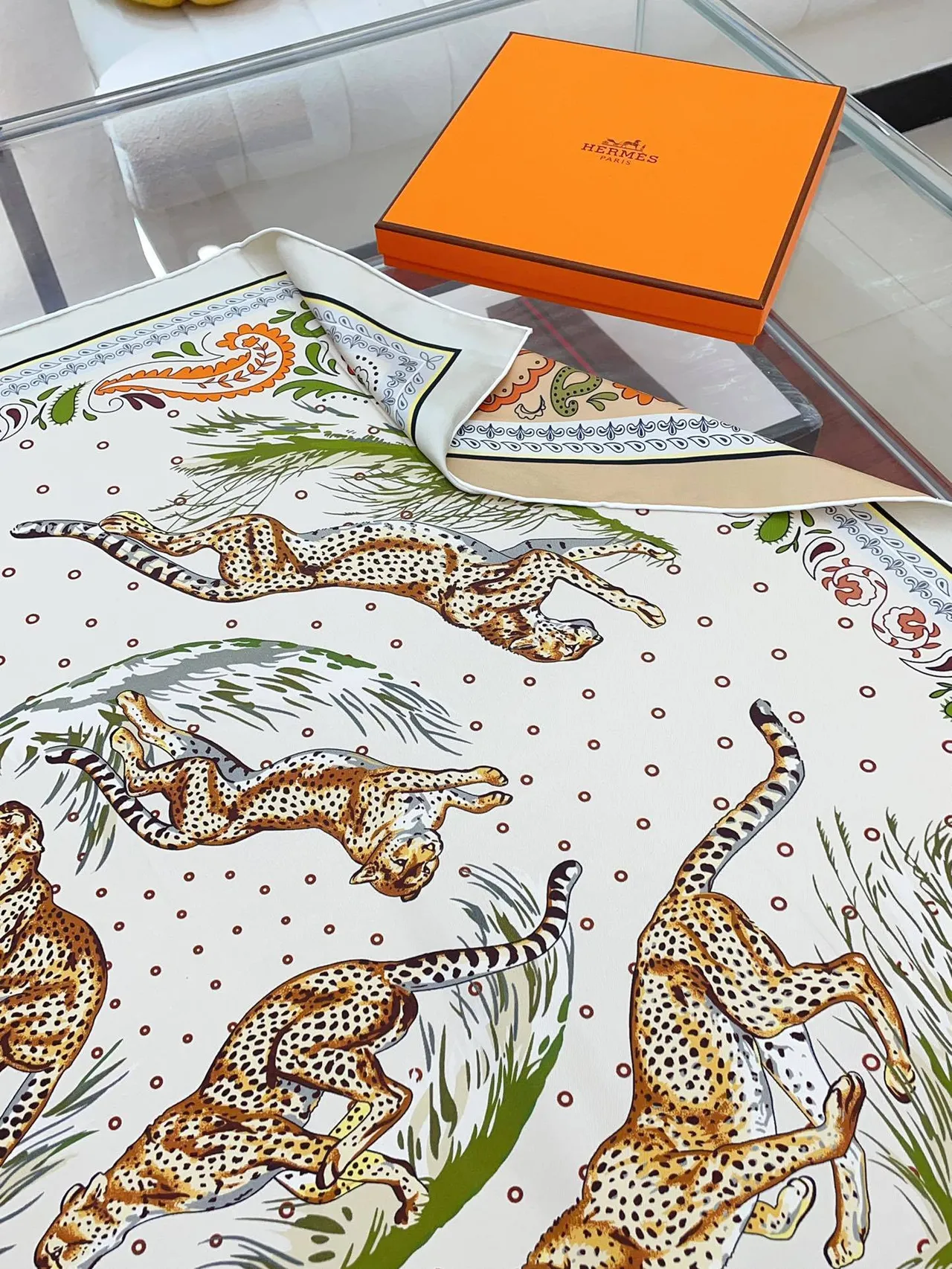 Hermès Printed Leopard and Paisley Silk Scarf 7