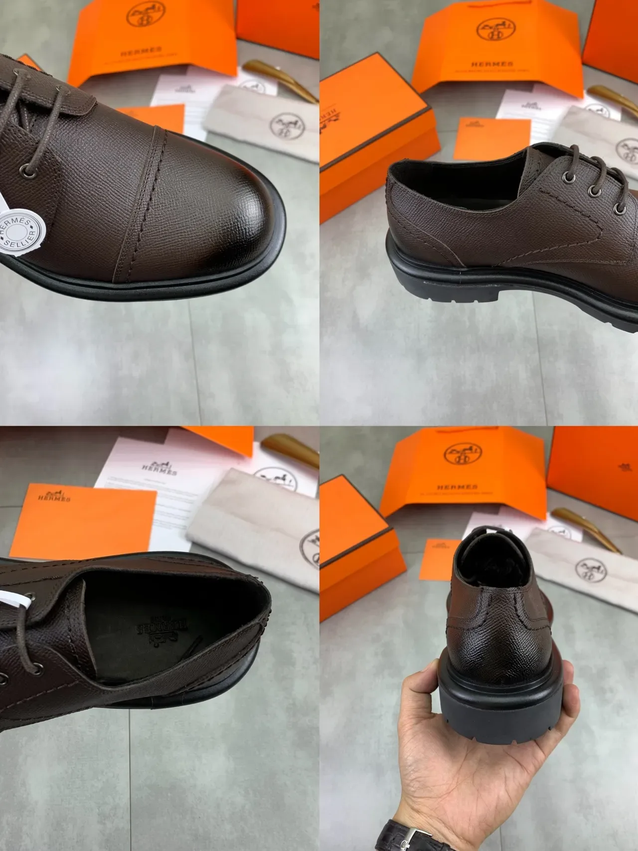 Hermès Sellier Marron Noir Cap-Toe Cuir Texturé Chaussures Oxford 3